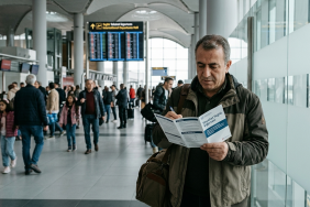 Seyahat sağlık sigortası belgelerini inceleyen yolcu